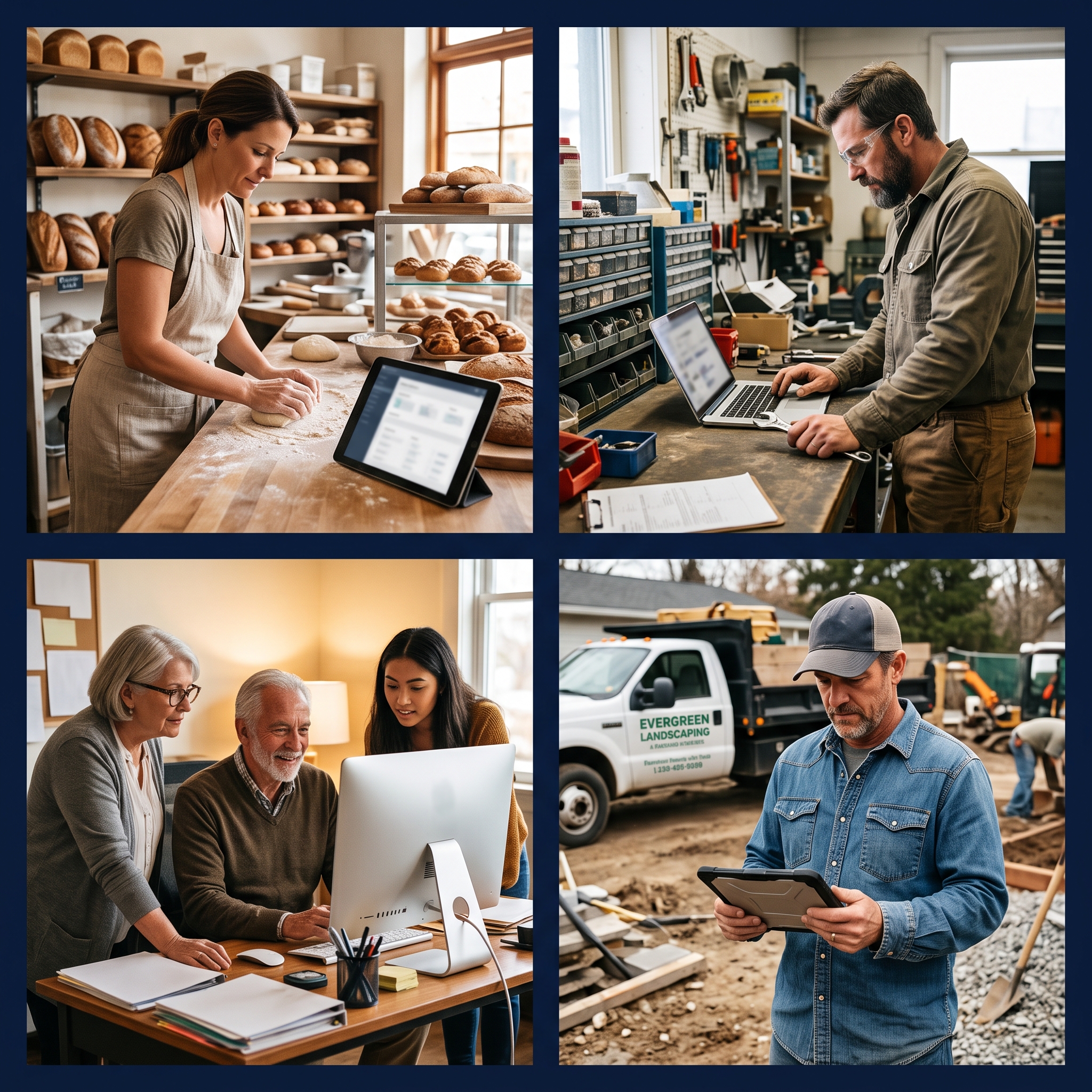 Trade business owner reviewing operations and scheduling on laptop